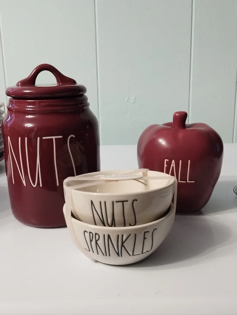 New Rae Dunn Burgundy Red Ceramic Canister Set with Cream Bowls Bundle